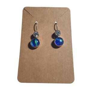 Blue Glitter Drop Earrings Silver Tone Crystal Accents Dangle Pierced Mom Gift